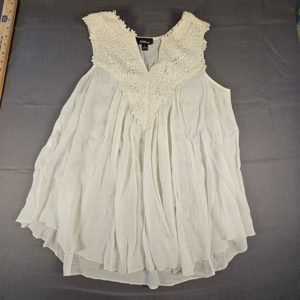 Amywear Womens White Crochet Lace V Neck Sleeveless Boho Blouse Top 1080F2H L